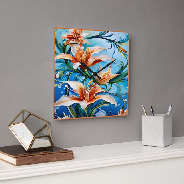 Horloge Carrée Fleurs Lily sur Arrière - plan Floral Bleu (Bureau)