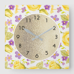 Horloge Carrée Fleurs mignonnes violettes jaunes sur blanc et or