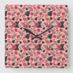 Horloge Carrée Fleurs motifs et feuilles flamands roses