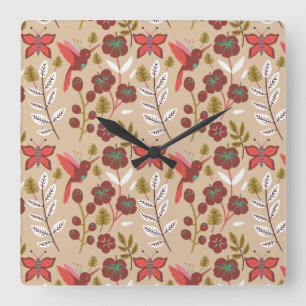 Horloge Carrée Fleurs motifs florales sans soudure, oiseaux, papi