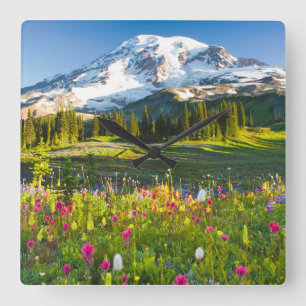 Horloge Carrée Fleurs   Mt. Rainier Fleurs sauvages