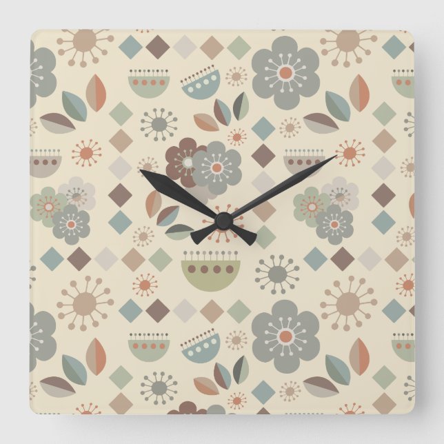 Horloge Carrée Fleurs naturelles chaudes Mi-Siècle Motif moderne (Recto)