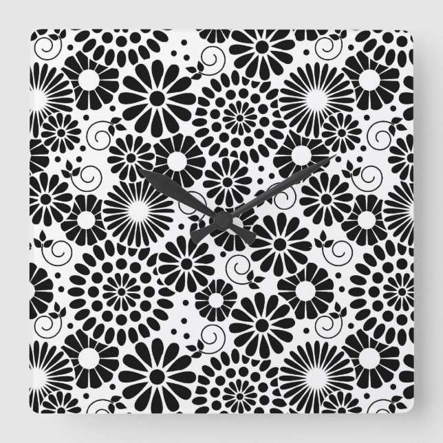 Horloge Carrée Fleurs noires rétro (Recto)