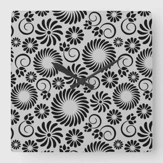 Horloge Carrée Fleurs noires rétro (Recto)
