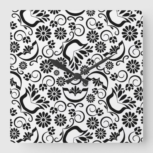 Horloge Carrée Fleurs noires rétro (Recto)