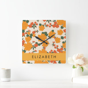 Horloge Carrée Fleurs Oranges, Motif De Fleurs, Votre Nom