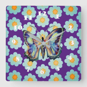 Horloge Carrée Fleurs papillons et marguerites