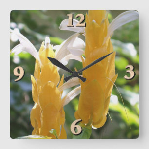 Horloge Carrée Fleurs Plantes de crevettes dorées