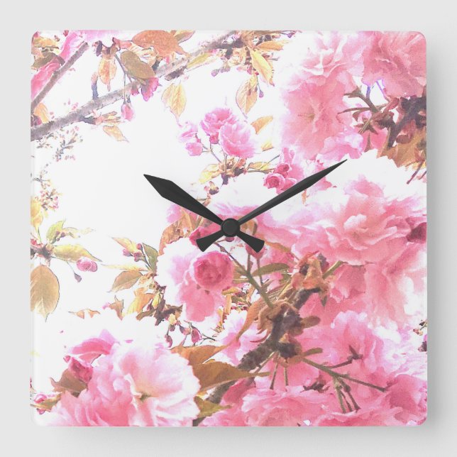 Horloge Carrée Fleurs roses Cherry Blossom motifs floraux Sakura (Recto)