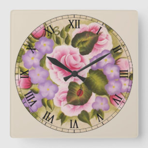 Horloge Carrée Fleurs roses et violettes et une poule