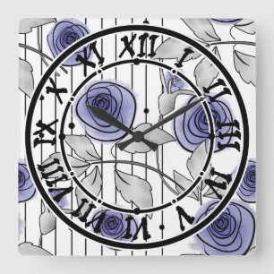 Horloge Carrée Fleurs roses modernes Abstraites violet gris blanc