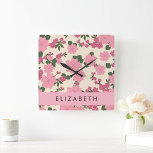Horloge Carrée Fleurs Roses, Motif De Fleurs, Votre Nom