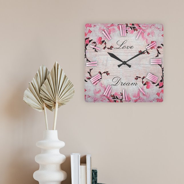 Horloge Carrée Fleurs Roses Romantiques Sur Bois Rustique Chic Co (Créateur téléchargé)