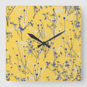 Horloge Carrée Fleurs sauvages bleus Abstraits modernes sur mouta