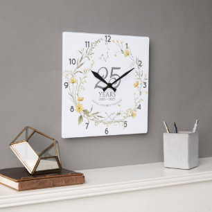 Horloge Carrée Fleurs sauvages jaunes 25e anniversaire de mariage