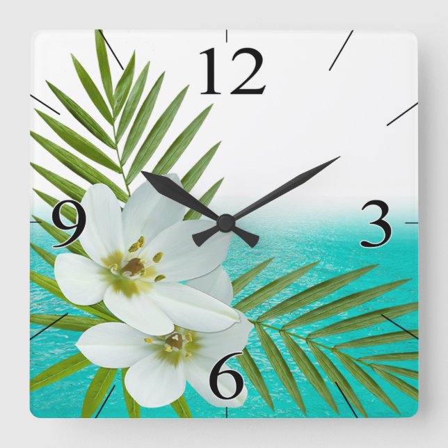 Horloge Carrée Fleurs tropicales de la plage d'Aloha (Recto)