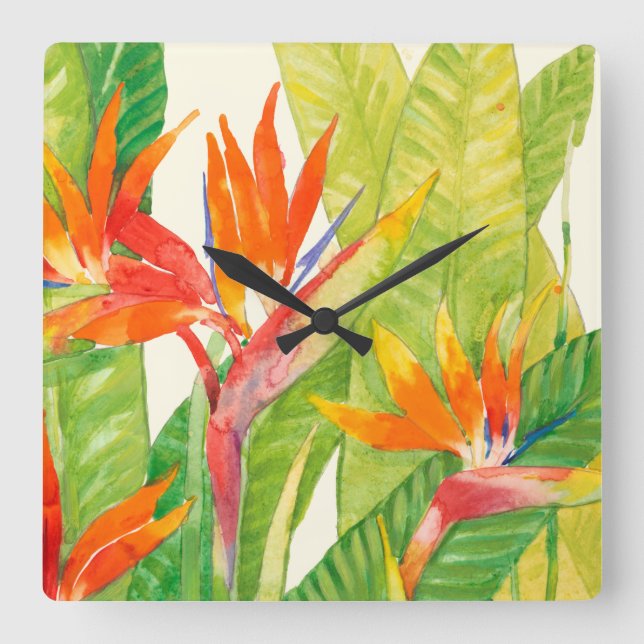 Horloge Carrée Fleurs tropicales | Oiseau du paradis (Recto)