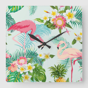 Horloge Carrée Fleurs tropicales vintages et oiseaux