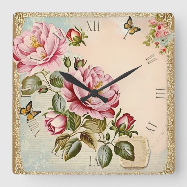 Horloge Carrée fleurs vintage shabby chic (Recto)
