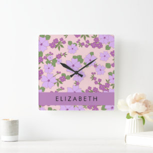 Horloge Carrée Fleurs Violettes, Motif De Fleurs, Votre Nom