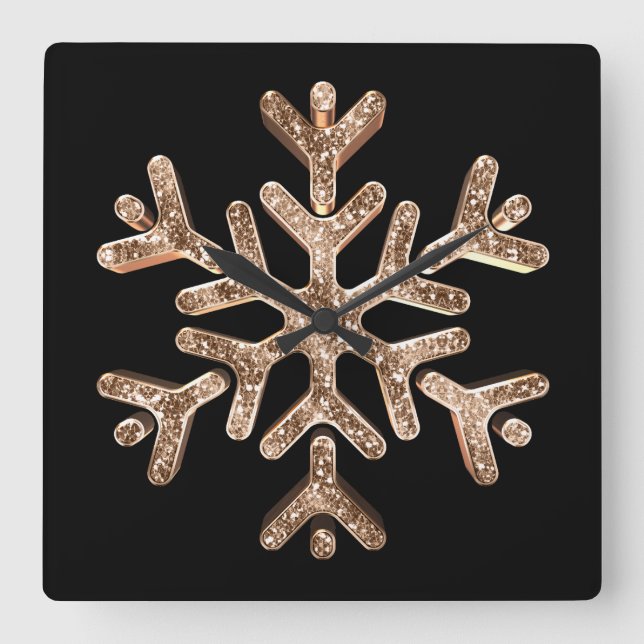 Horloge Carrée Flocon de neige Elegant Noir et Or (Recto)