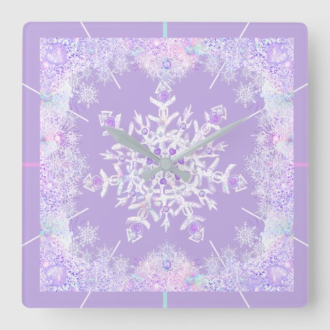 Horloge Carrée flocon de neige violet clair et coeur étincelant (Recto)