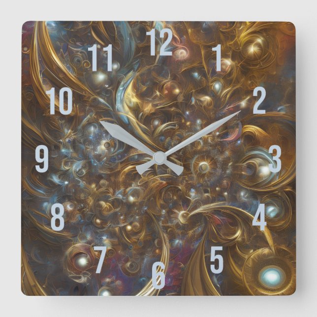 Horloge Carrée Floraison Abstraite Or Fractal Flower (Recto)