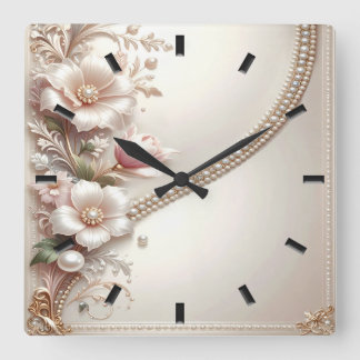 Horloge Carrée Floral and Pearl Embellishments Wall Clock
