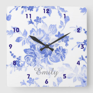 Horloge Carrée floral blanc bleu de sembler de Delft de bleu