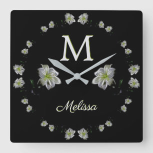 Horloge Carrée Floral de Lilies blanches élégantes