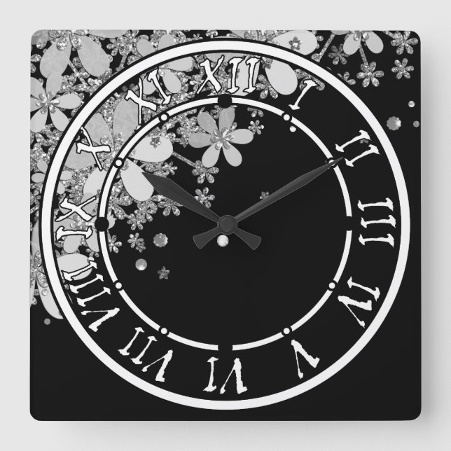 Horloge Carrée Floral fleurs foncées parties scintillant argent é (Recto)