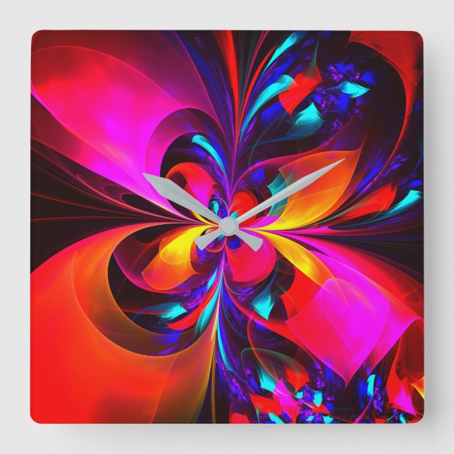 Horloge Carrée Floral moderne Art Abstrait Rouge Bleu Motif #07 (Recto)