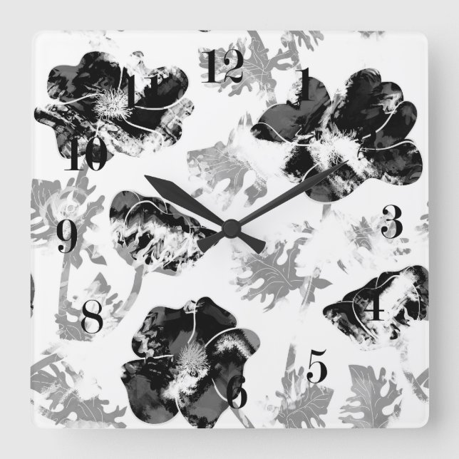 Horloge Carrée Floral, noir et blanc (Recto)