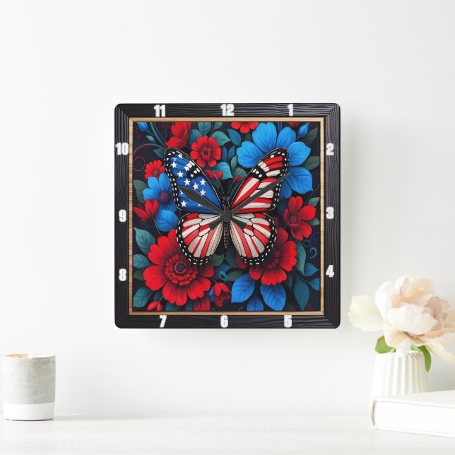 Horloge Carrée Floral papillon patriotique (Maison)