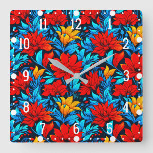 Horloge Carrée Floral Rouge jaune Fleurs Motif-13075