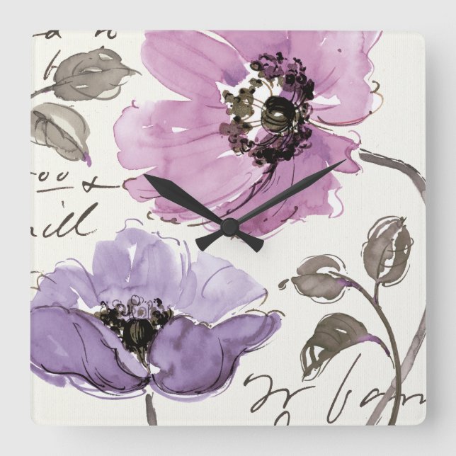 Horloge Carrée Floral Valse Plum Aquarelle Fleurs (Recto)