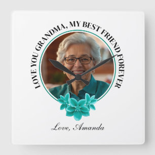 Horloge Carrée Flore Turquoise cadre grand-enfant à grand-mère Ph