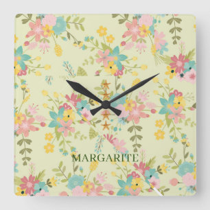 Horloge Carrée Flore vert rose jaune personnalisée