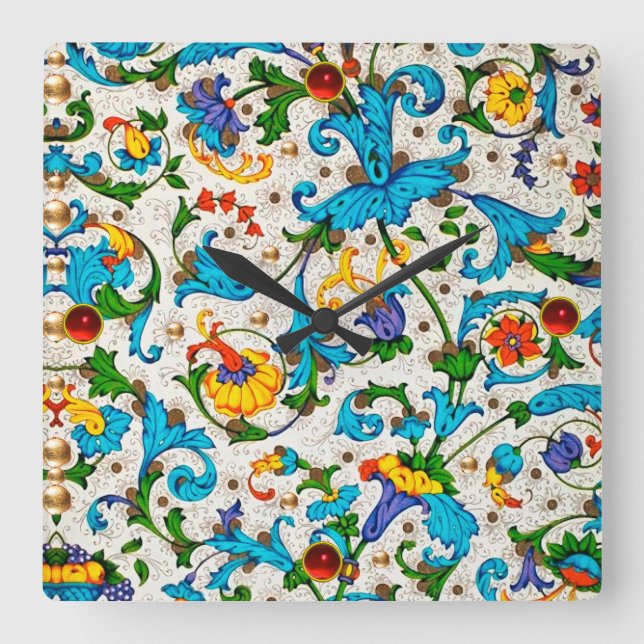 HORLOGE CARRÉE FLORENTINE RENAISSANCE BLEU FLORAL SWIRLS, FLEURS (Recto)