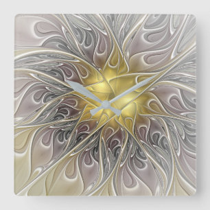 Horloge Carrée Flourish avec la fleur abstraite moderne de