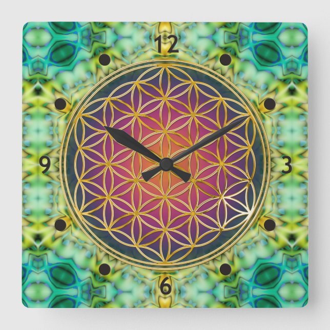 Horloge Carrée Flower Of Life - or - fractal 2 (Recto)