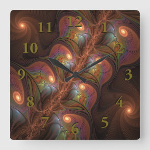 Horloge Carrée Fluorescent coloré Abstrait Trippy Brown Fractal