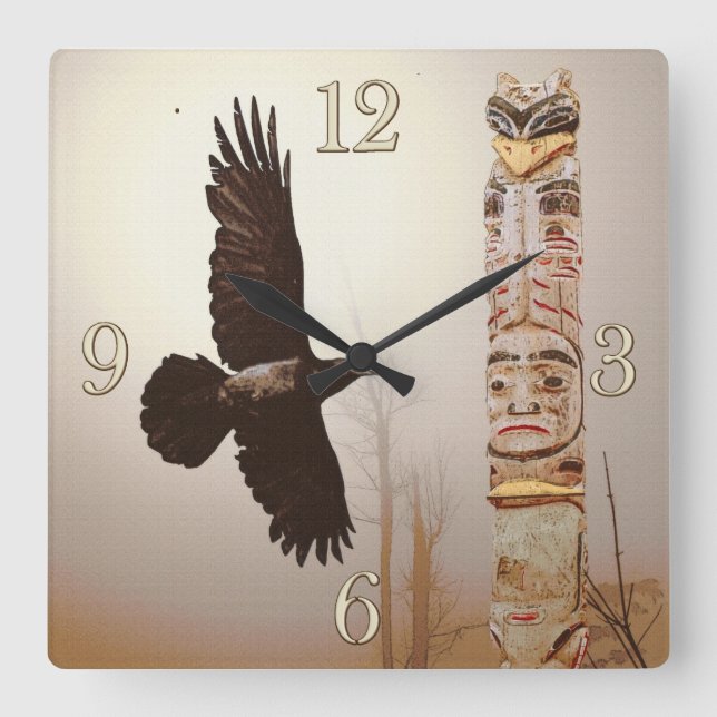 Horloge Carrée Flying Raven & Totem-Pole Imaginaire Art (Recto)