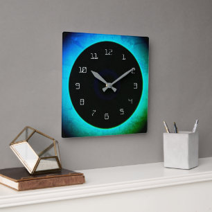 Horloge Carrée Fond aqua/vert atmosphérique avec visage noir