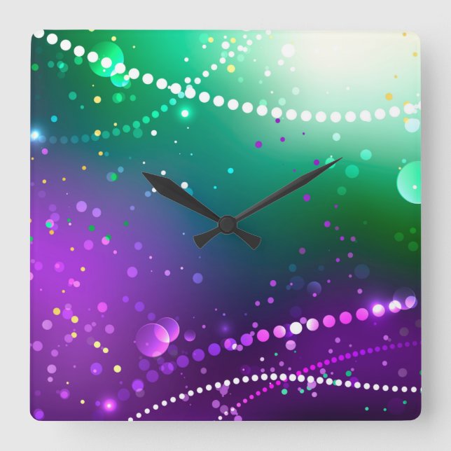 Horloge Carrée Fond violet festif de Mardi Gras (Recto)