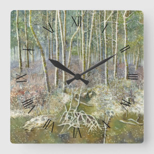Horloge Carrée forêt d'hiver peinture aquarelle