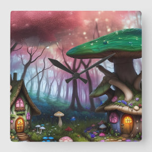 Horloge Carrée Forêt enchantée Dreamscape Champignons Imaginaire