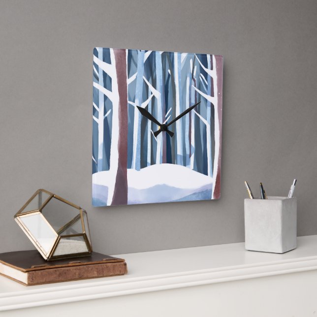 Horloge Carrée Forêt hivernale neige | Aquarelle simple moderne (Bureau)