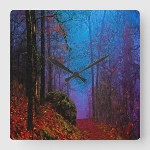 Horloge Carrée Forêt peinte automne pourpre brouillard
