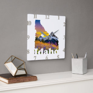 Horloge Carrée Forme d'Idaho avec montagne et fleur sauvage